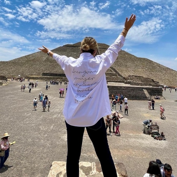Button Down Shirt White Long Sleeve Chingona Mujer Mexicana Hand Painted Small - Picture 9 of 13